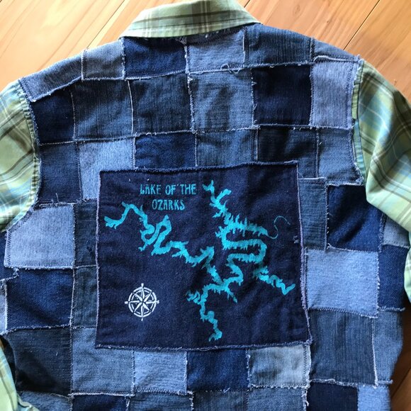Lake of Ozarks Patchwork Jean Jacket, Small: Upcycled Handmade LOZ Lake Shirt - Picture 6 of 10